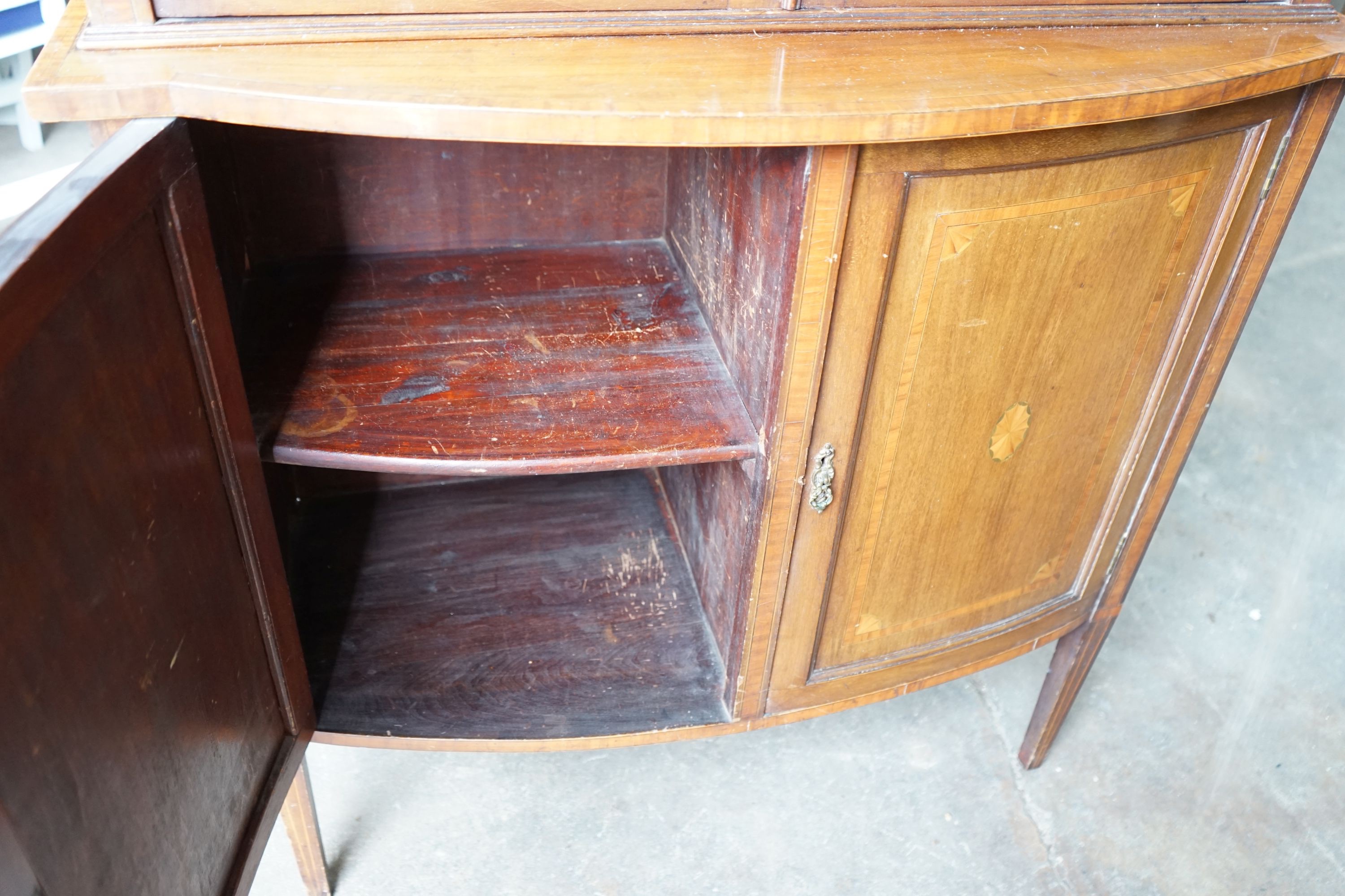 An Edwardian inlaid and satinwood banded mahogany bowfront display cabinet, width 92cm, depth 42cm, height 191cm